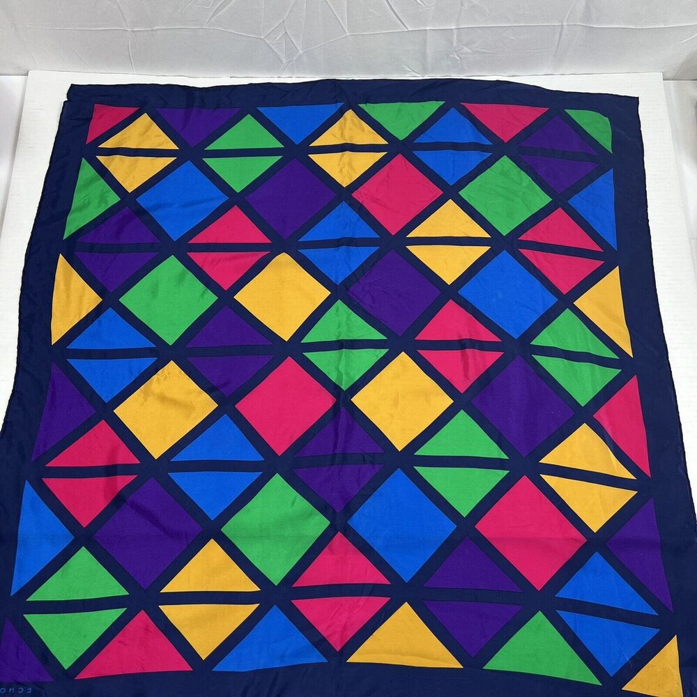 Vintage ECHO Scarf Vibrant Multi-colors-100% Silk- Geometric Design-Square 34"